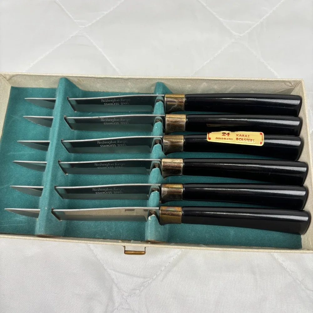 Vintage Washington Forge Steak Knife Carving Set 24K Gold Plated Boxed MCM